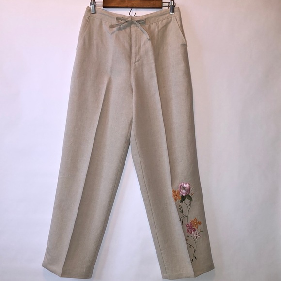Relativity wide leg linen pants with embroidery at hemline sz Mp - Picture 2 of 8